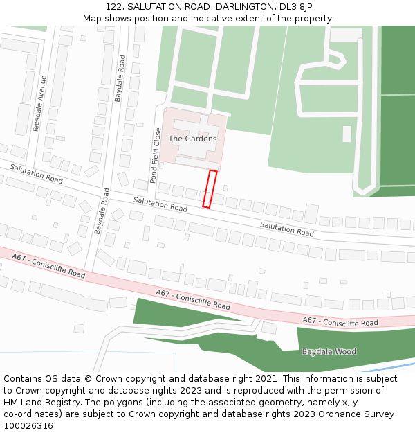 122, SALUTATION ROAD, DARLINGTON, DL3 8JP: Location map and indicative extent of plot