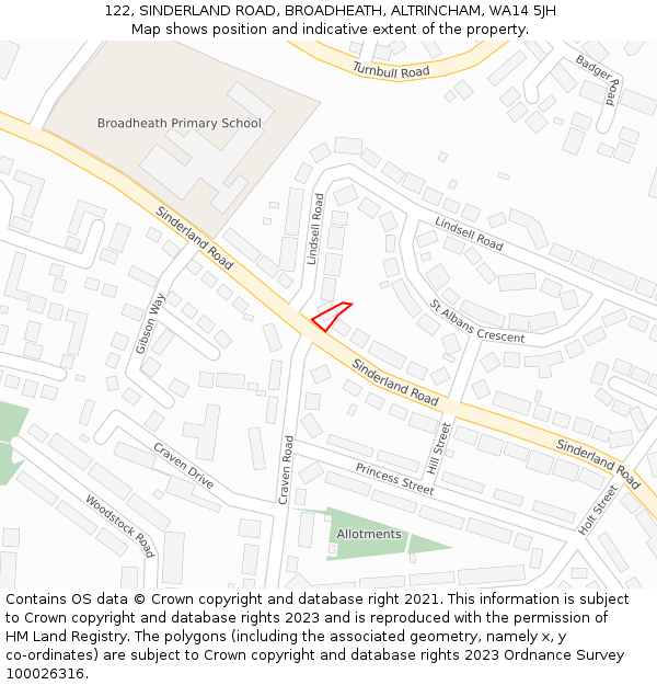 122, SINDERLAND ROAD, BROADHEATH, ALTRINCHAM, WA14 5JH: Location map and indicative extent of plot