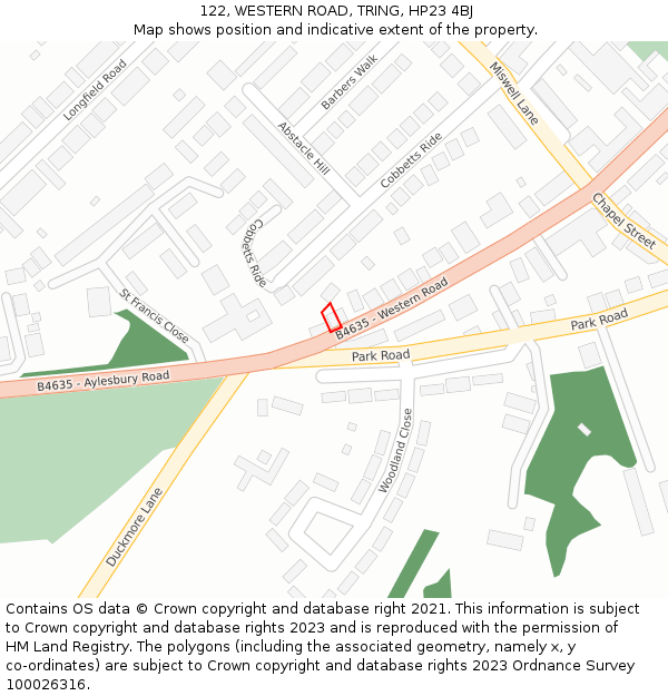 122, WESTERN ROAD, TRING, HP23 4BJ: Location map and indicative extent of plot