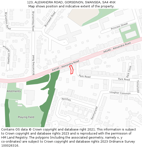 123, ALEXANDRA ROAD, GORSEINON, SWANSEA, SA4 4NX: Location map and indicative extent of plot