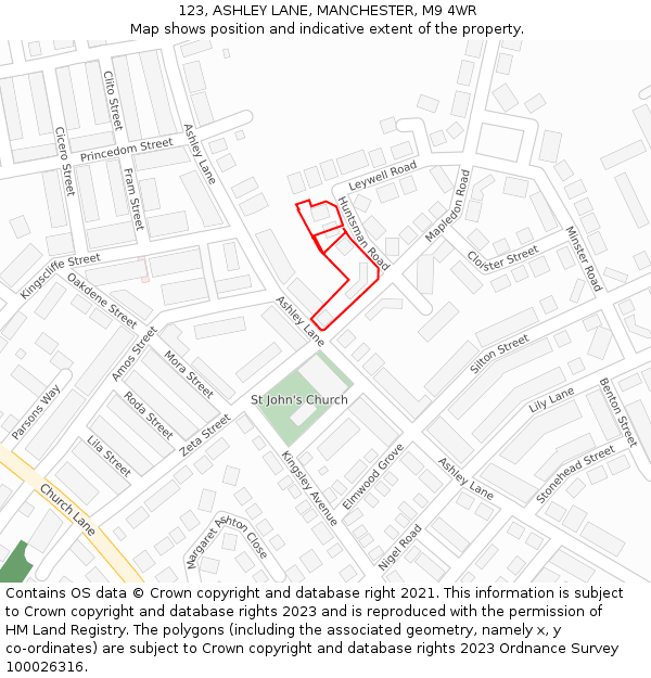 123, ASHLEY LANE, MANCHESTER, M9 4WR: Location map and indicative extent of plot