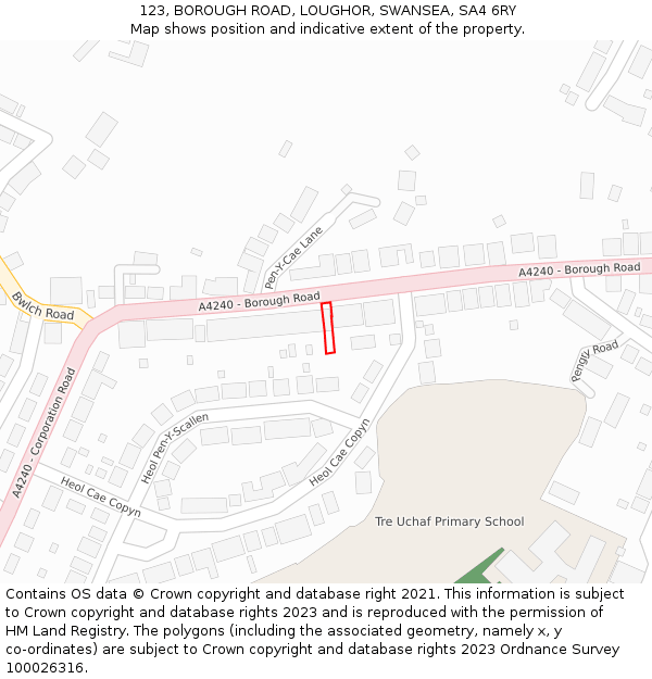 123, BOROUGH ROAD, LOUGHOR, SWANSEA, SA4 6RY: Location map and indicative extent of plot