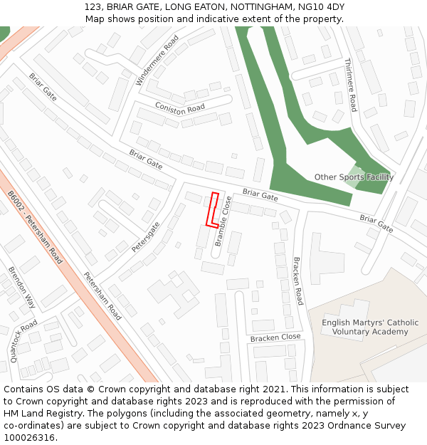 123, BRIAR GATE, LONG EATON, NOTTINGHAM, NG10 4DY: Location map and indicative extent of plot