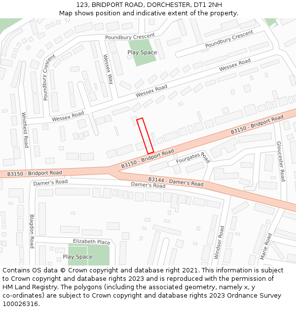 123, BRIDPORT ROAD, DORCHESTER, DT1 2NH: Location map and indicative extent of plot