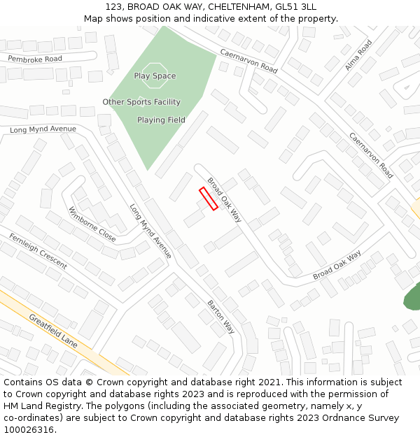 123, BROAD OAK WAY, CHELTENHAM, GL51 3LL: Location map and indicative extent of plot