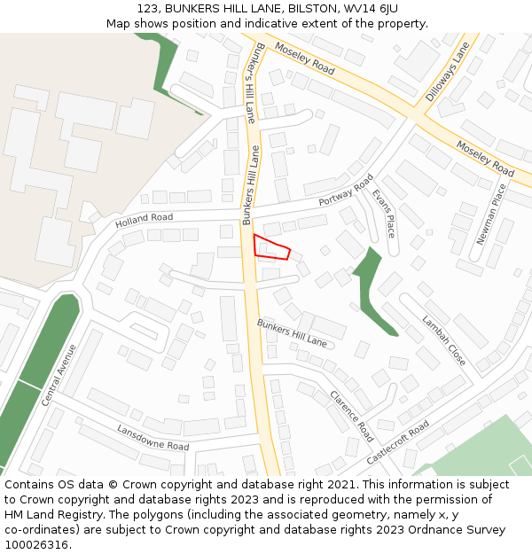 123, BUNKERS HILL LANE, BILSTON, WV14 6JU: Location map and indicative extent of plot