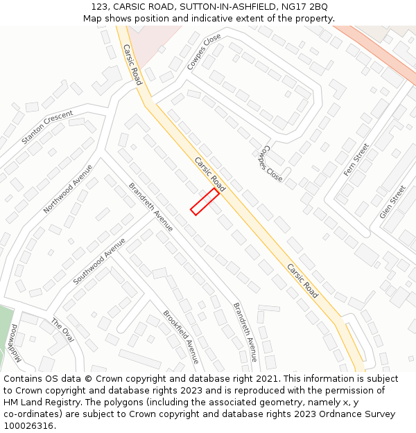 123, CARSIC ROAD, SUTTON-IN-ASHFIELD, NG17 2BQ: Location map and indicative extent of plot