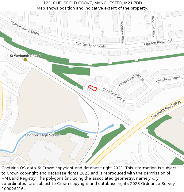 123, CHELSFIELD GROVE, MANCHESTER, M21 7BD: Location map and indicative extent of plot