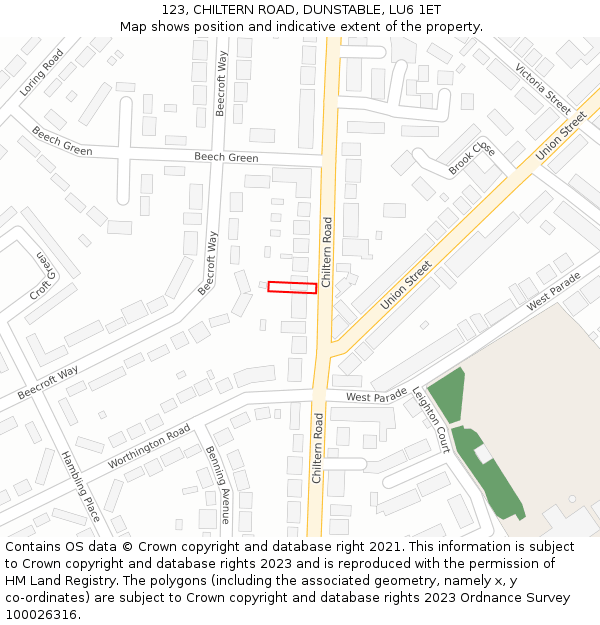 123, CHILTERN ROAD, DUNSTABLE, LU6 1ET: Location map and indicative extent of plot