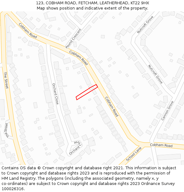 123, COBHAM ROAD, FETCHAM, LEATHERHEAD, KT22 9HX: Location map and indicative extent of plot