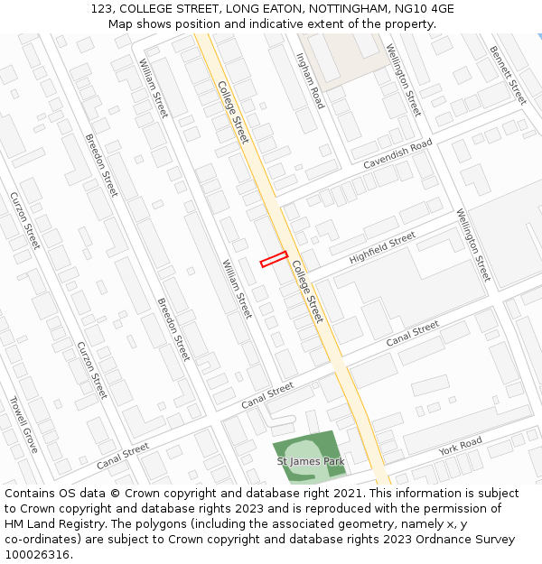 123, COLLEGE STREET, LONG EATON, NOTTINGHAM, NG10 4GE: Location map and indicative extent of plot