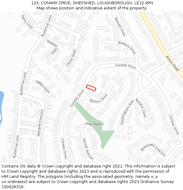 123, CONWAY DRIVE, SHEPSHED, LOUGHBOROUGH, LE12 9PN: Location map and indicative extent of plot