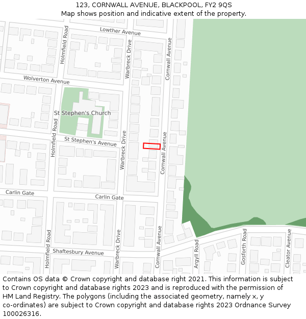 123, CORNWALL AVENUE, BLACKPOOL, FY2 9QS: Location map and indicative extent of plot