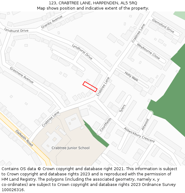 123, CRABTREE LANE, HARPENDEN, AL5 5RQ: Location map and indicative extent of plot