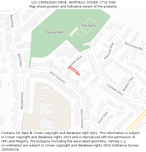 123, CRANLEIGH DRIVE, WHITFIELD, DOVER, CT16 3NW: Location map and indicative extent of plot