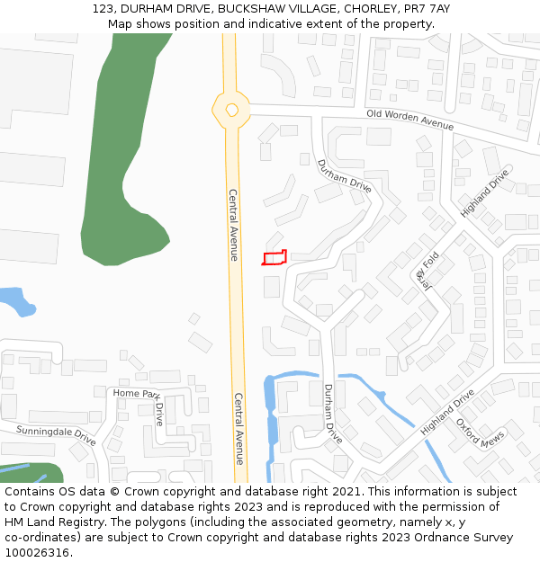 123, DURHAM DRIVE, BUCKSHAW VILLAGE, CHORLEY, PR7 7AY: Location map and indicative extent of plot