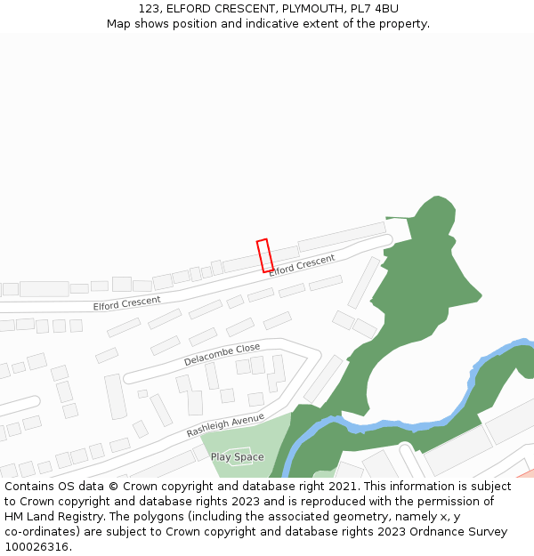 123, ELFORD CRESCENT, PLYMOUTH, PL7 4BU: Location map and indicative extent of plot