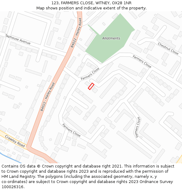 123, FARMERS CLOSE, WITNEY, OX28 1NR: Location map and indicative extent of plot