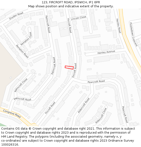 123, FIRCROFT ROAD, IPSWICH, IP1 6PR: Location map and indicative extent of plot