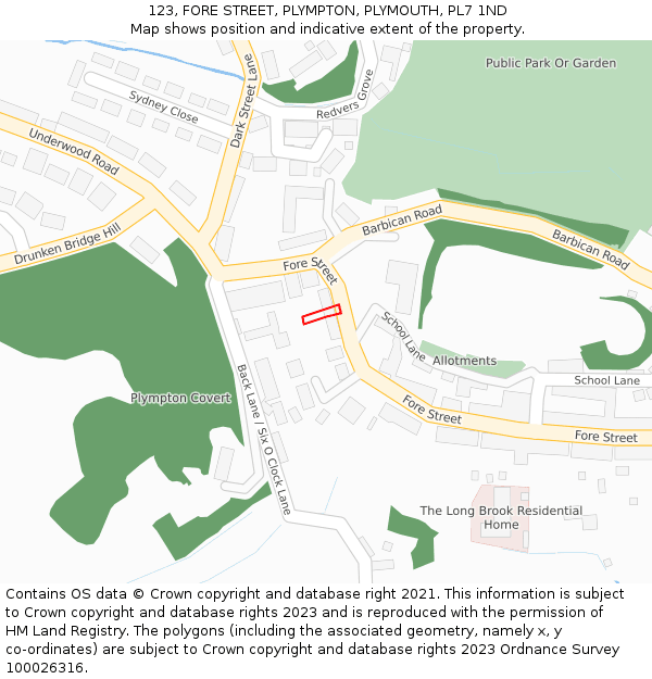 123, FORE STREET, PLYMPTON, PLYMOUTH, PL7 1ND: Location map and indicative extent of plot