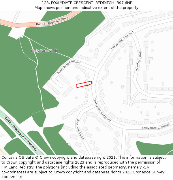 123, FOXLYDIATE CRESCENT, REDDITCH, B97 6NP: Location map and indicative extent of plot