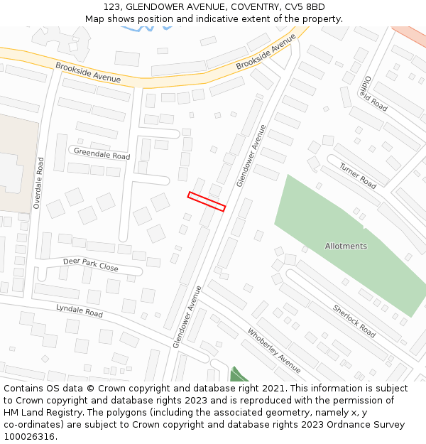 123, GLENDOWER AVENUE, COVENTRY, CV5 8BD: Location map and indicative extent of plot