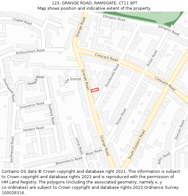 123, GRANGE ROAD, RAMSGATE, CT11 9PT: Location map and indicative extent of plot