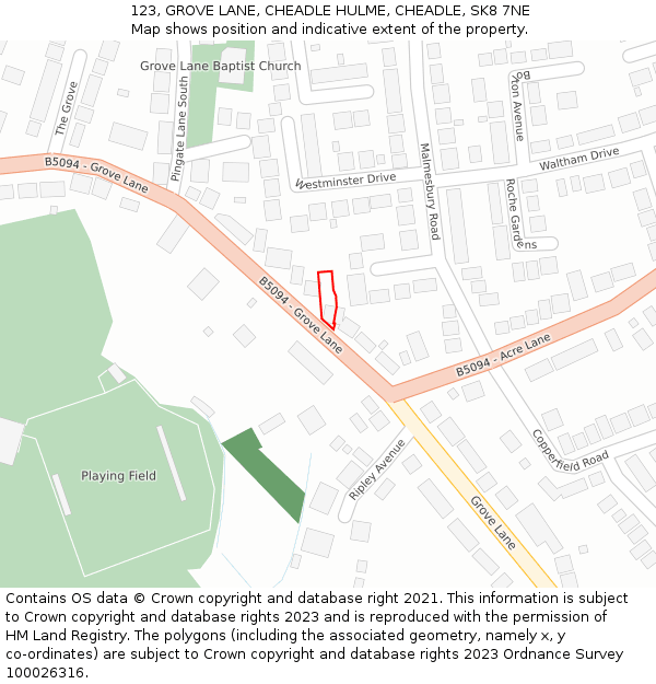 123, GROVE LANE, CHEADLE HULME, CHEADLE, SK8 7NE: Location map and indicative extent of plot
