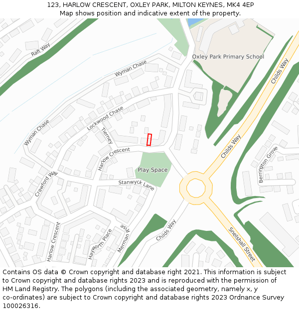 123, HARLOW CRESCENT, OXLEY PARK, MILTON KEYNES, MK4 4EP: Location map and indicative extent of plot