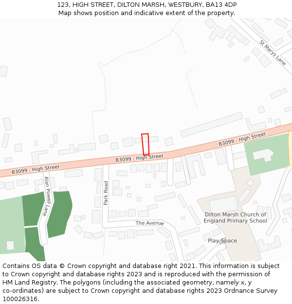 123, HIGH STREET, DILTON MARSH, WESTBURY, BA13 4DP: Location map and indicative extent of plot