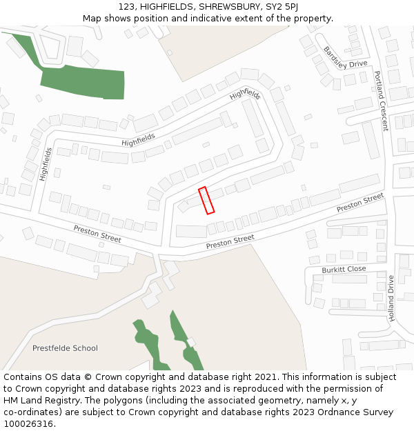 123, HIGHFIELDS, SHREWSBURY, SY2 5PJ: Location map and indicative extent of plot