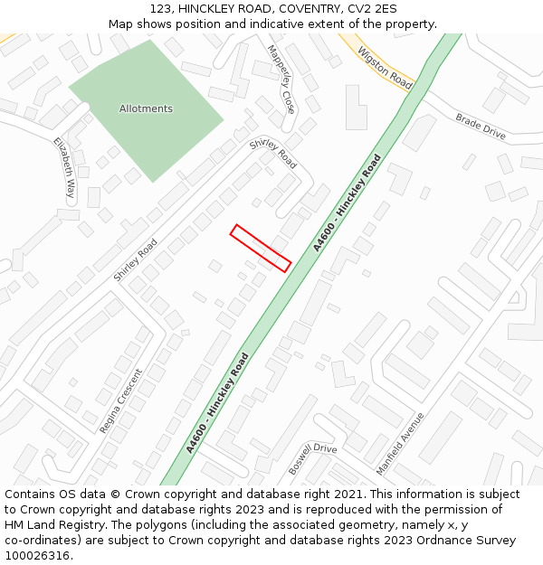 123, HINCKLEY ROAD, COVENTRY, CV2 2ES: Location map and indicative extent of plot