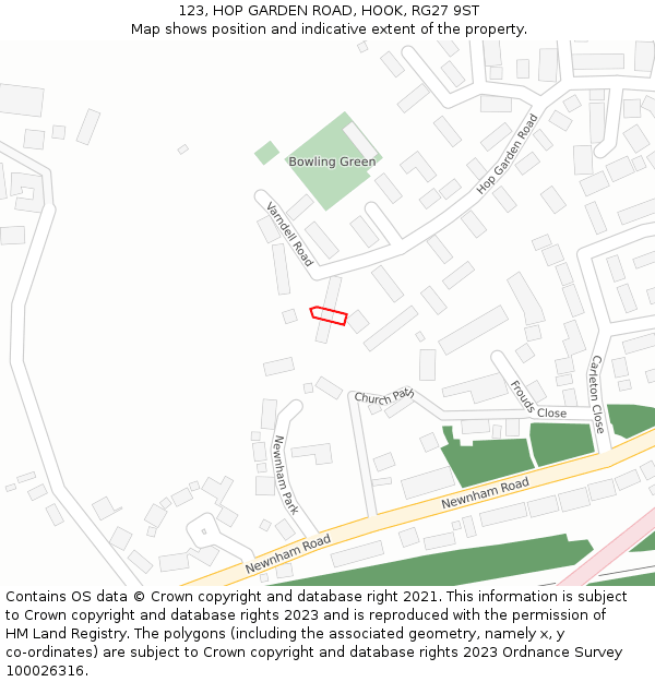 123, HOP GARDEN ROAD, HOOK, RG27 9ST: Location map and indicative extent of plot