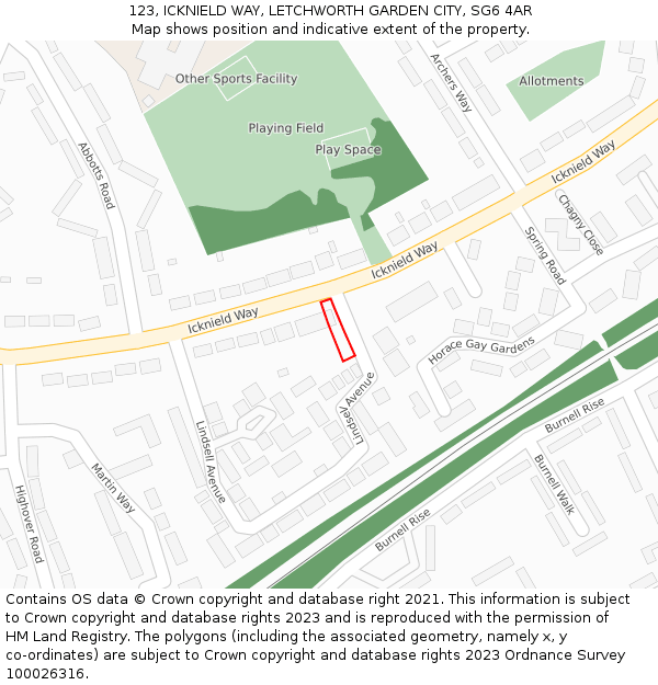 123, ICKNIELD WAY, LETCHWORTH GARDEN CITY, SG6 4AR: Location map and indicative extent of plot