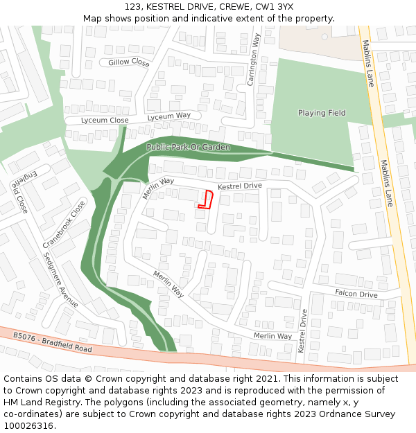 123, KESTREL DRIVE, CREWE, CW1 3YX: Location map and indicative extent of plot