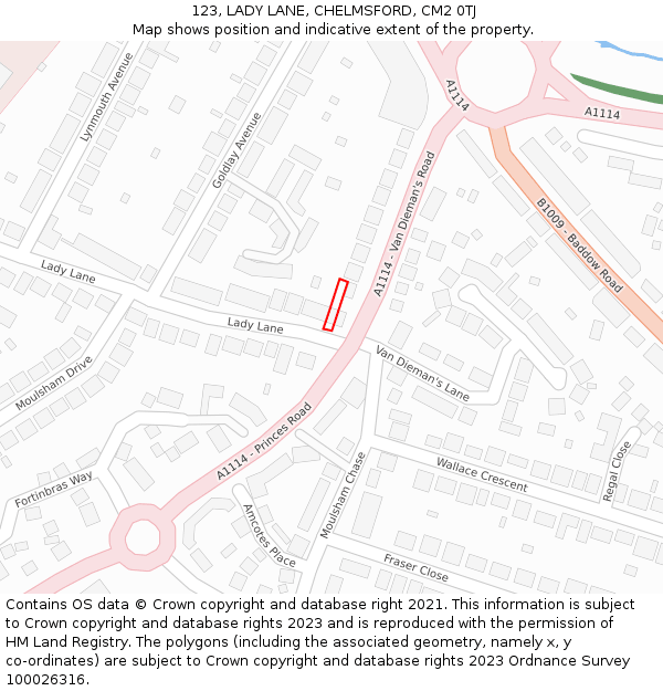 123, LADY LANE, CHELMSFORD, CM2 0TJ: Location map and indicative extent of plot