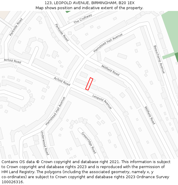 123, LEOPOLD AVENUE, BIRMINGHAM, B20 1EX: Location map and indicative extent of plot