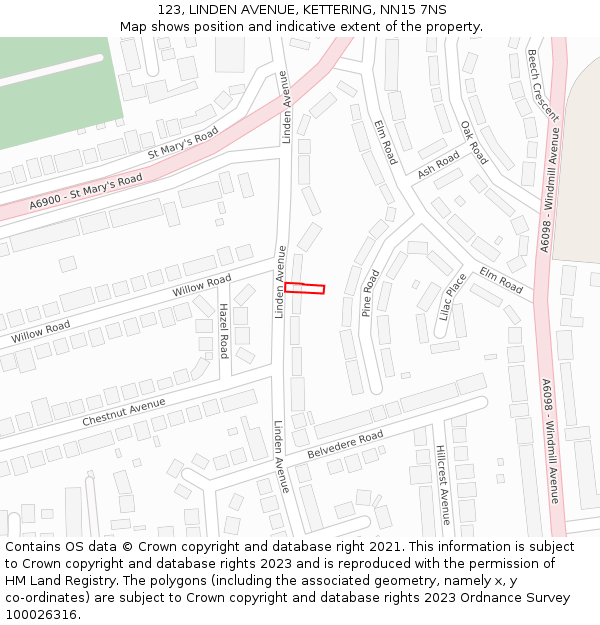 123, LINDEN AVENUE, KETTERING, NN15 7NS: Location map and indicative extent of plot