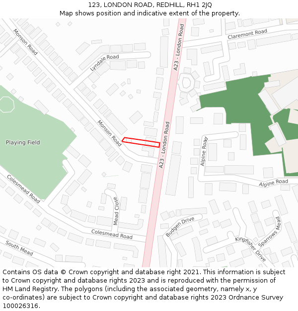 123, LONDON ROAD, REDHILL, RH1 2JQ: Location map and indicative extent of plot