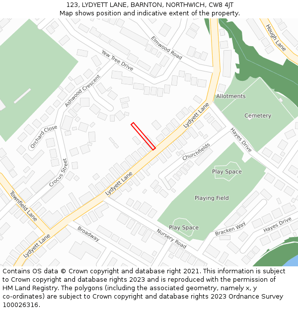 123, LYDYETT LANE, BARNTON, NORTHWICH, CW8 4JT: Location map and indicative extent of plot