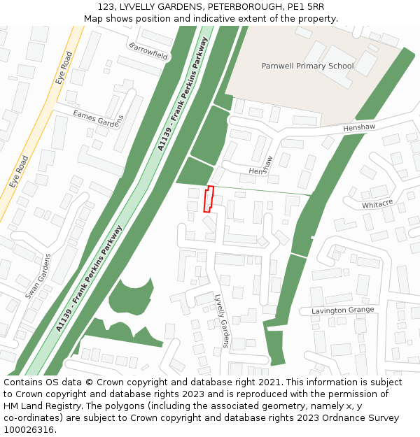 123, LYVELLY GARDENS, PETERBOROUGH, PE1 5RR: Location map and indicative extent of plot