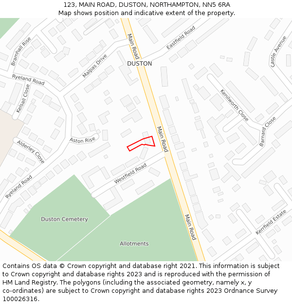 123, MAIN ROAD, DUSTON, NORTHAMPTON, NN5 6RA: Location map and indicative extent of plot