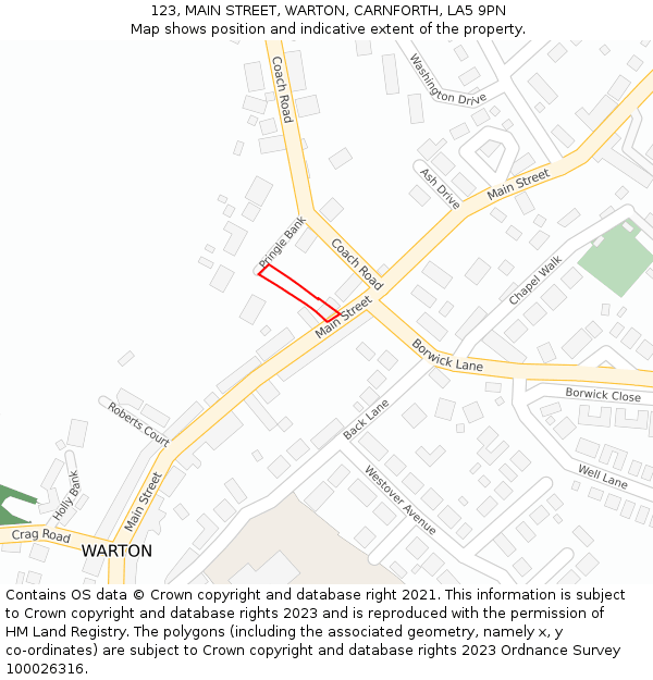 123, MAIN STREET, WARTON, CARNFORTH, LA5 9PN: Location map and indicative extent of plot