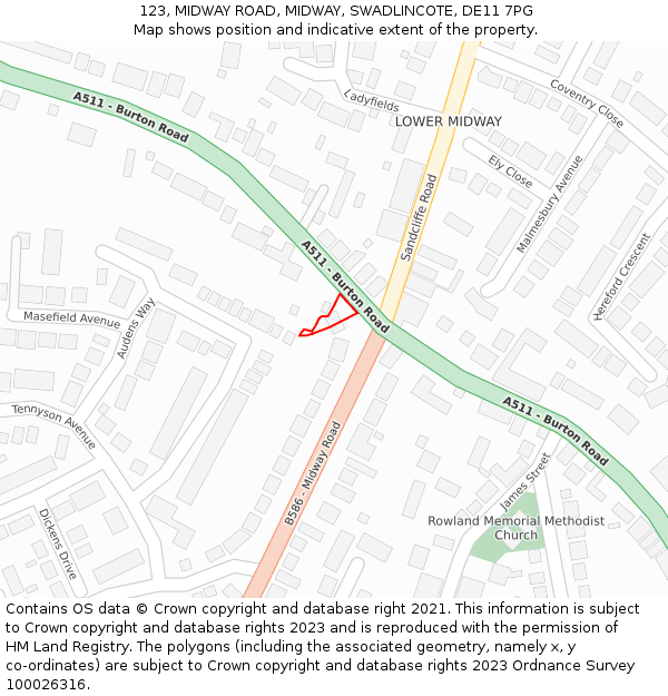 123, MIDWAY ROAD, MIDWAY, SWADLINCOTE, DE11 7PG: Location map and indicative extent of plot