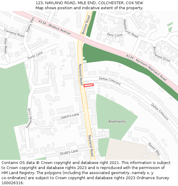 123, NAYLAND ROAD, MILE END, COLCHESTER, CO4 5EW: Location map and indicative extent of plot