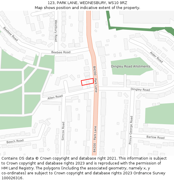 123, PARK LANE, WEDNESBURY, WS10 9RZ: Location map and indicative extent of plot