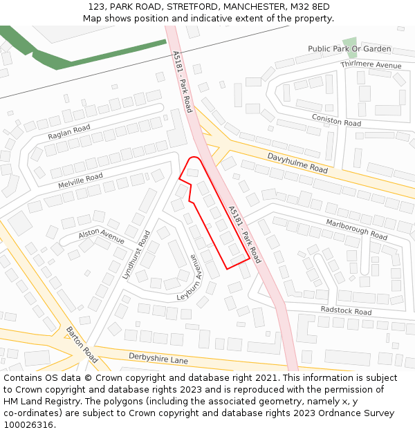 123, PARK ROAD, STRETFORD, MANCHESTER, M32 8ED: Location map and indicative extent of plot