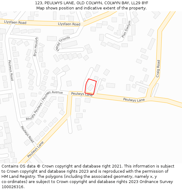 123, PEULWYS LANE, OLD COLWYN, COLWYN BAY, LL29 8YF: Location map and indicative extent of plot