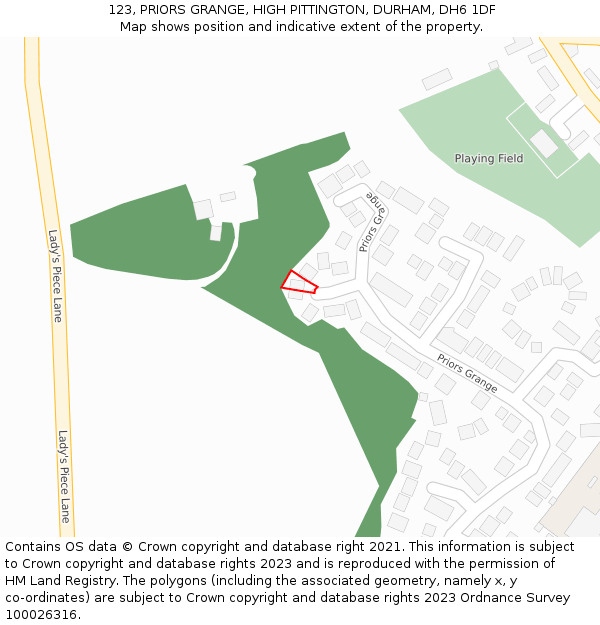 123, PRIORS GRANGE, HIGH PITTINGTON, DURHAM, DH6 1DF: Location map and indicative extent of plot