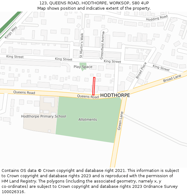 123, QUEENS ROAD, HODTHORPE, WORKSOP, S80 4UP: Location map and indicative extent of plot